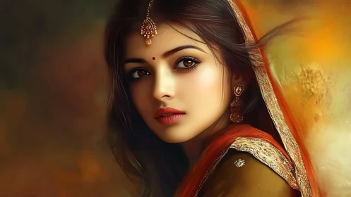 Digital portrait of woman in traditional attire profile view.