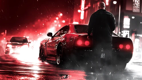 Bald man stands beside sports car on wet neon city street