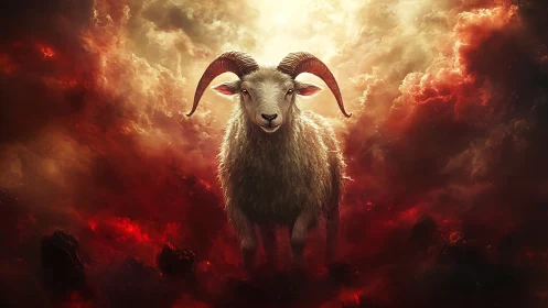 Ram silhouette emerges through apocalyptic crimson storm.