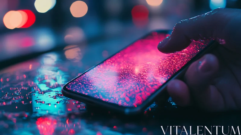 Neon-lit smartphone screen glows through raindrops at night.