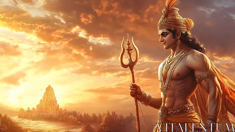 Warrior figure with trident overlooks river and temple at dusk