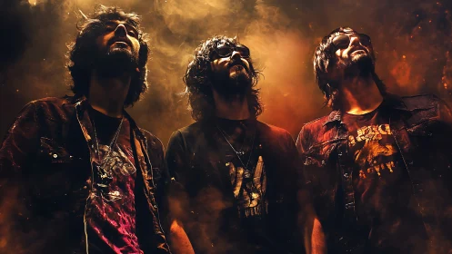 Three rock musicians stand in dramatic low-angle lighting