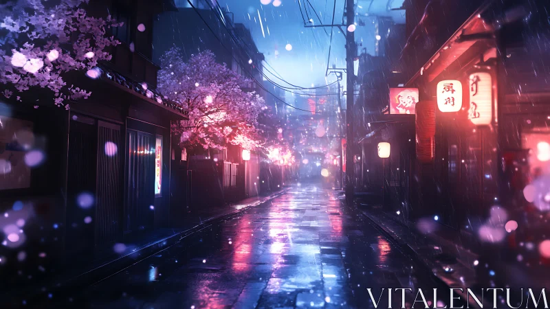Rainy cherry blossom street glows with gentle neon warmth