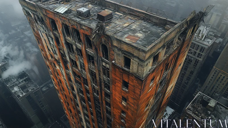 Rust crowned highrise brooding above a fog-drowned city.