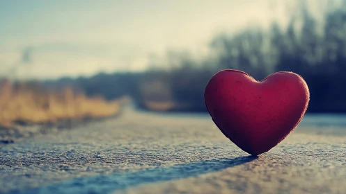 A crimson heart rests on sunlit pavement near peaceful waters