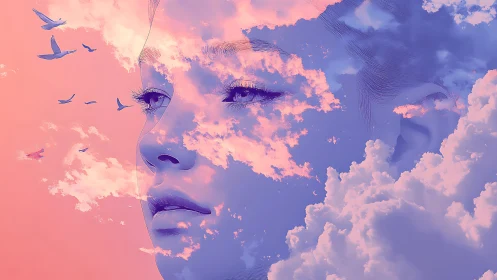 Soft daydreaming sky blends a calm face and drifting clouds