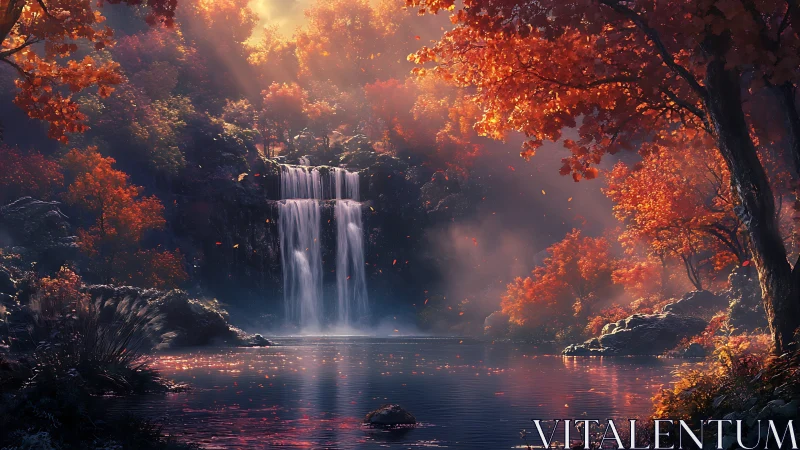 Autumn forest waterfall under glowing sunset mist.