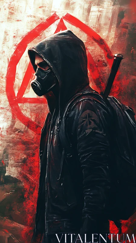 Hooded rebel in gas mask walks past defiant red symbol