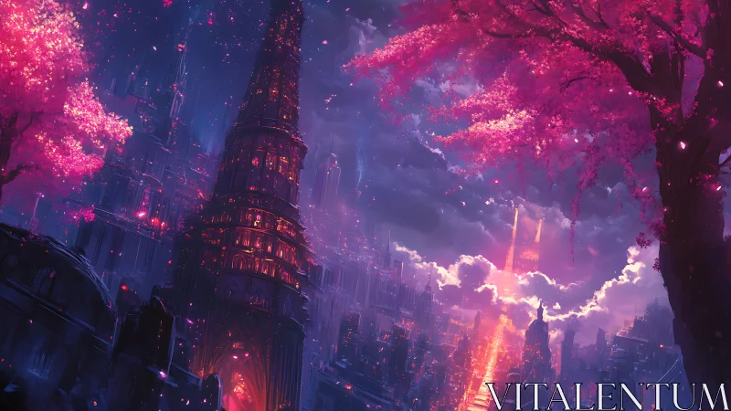 Digital painting of neon spire city beneath luminous sakura canopy.