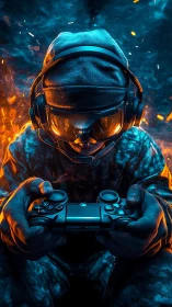 Cyberpunk gamer portrait with dual-tone thermal lighting.