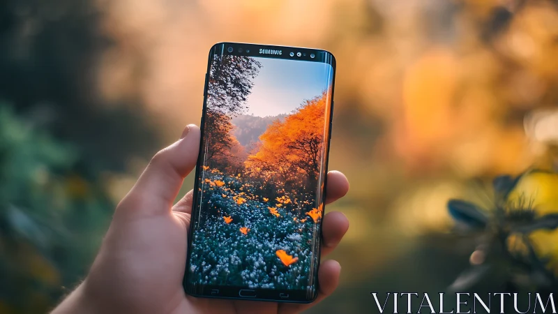 Hand holding Samsung smartphone displaying autumn landscape with orange trees.