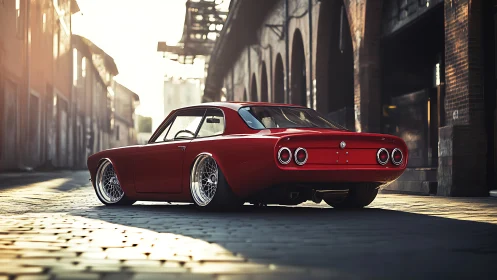 Low-slung red classic coupe glows in warm industrial street.