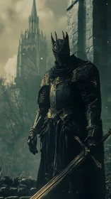 Dark armored warlord stands before a ruined gothic citadel.