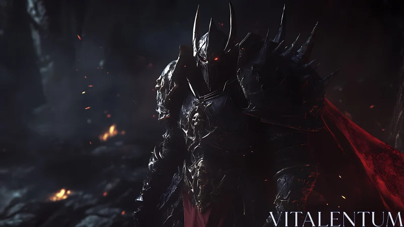 Dark armored warlord under glowing embers and shadows.