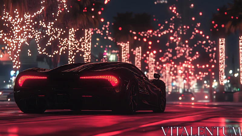 Midnight hypercar gliding through neon-lit palm boulevard.