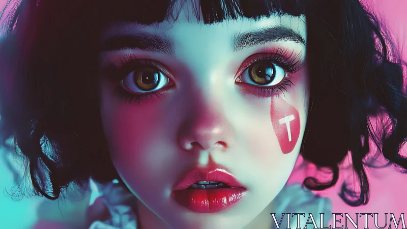 Digital doll portrait with neon lighting and tear mark T.