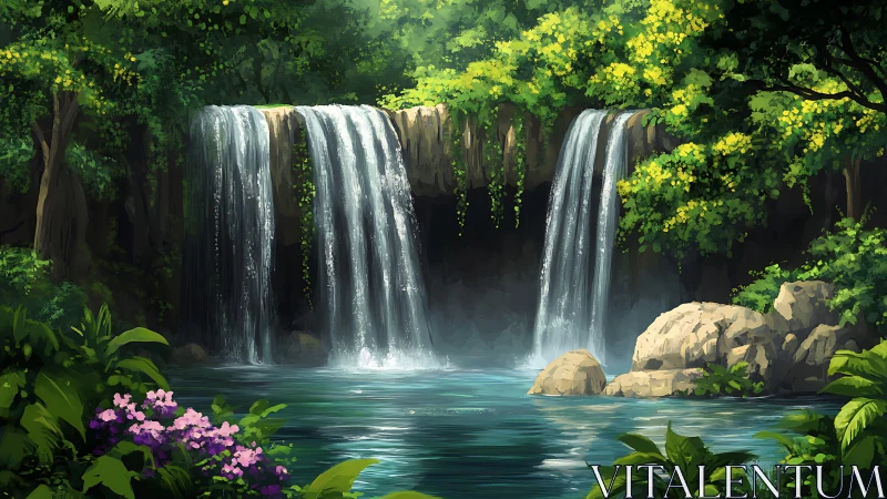 Digital painting shows multi-tier waterfall in dense jungle
