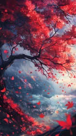 Crimson autumn tree over misty valley with falling leaves.