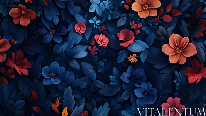 Midnight Bloom Tapestry: Coral Roses Dance in Sapphire Garden.