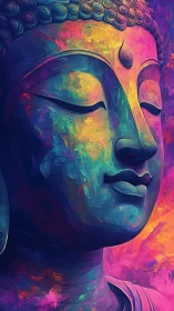 Chromatic serenity hums through this luminous Buddha profile