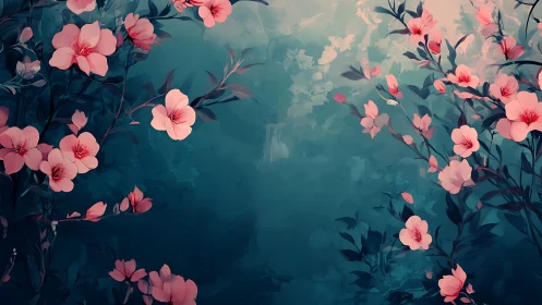 Pink Blossoms Drift Through Misty Teal Garden.