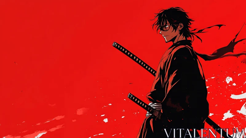 Samurai swordsman silhouettes against intense red sky.