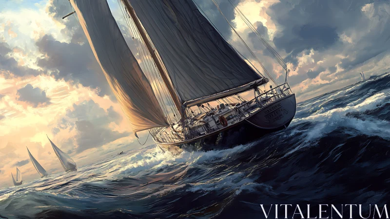 Large sailing yacht on angled course in moderate ocean swell.