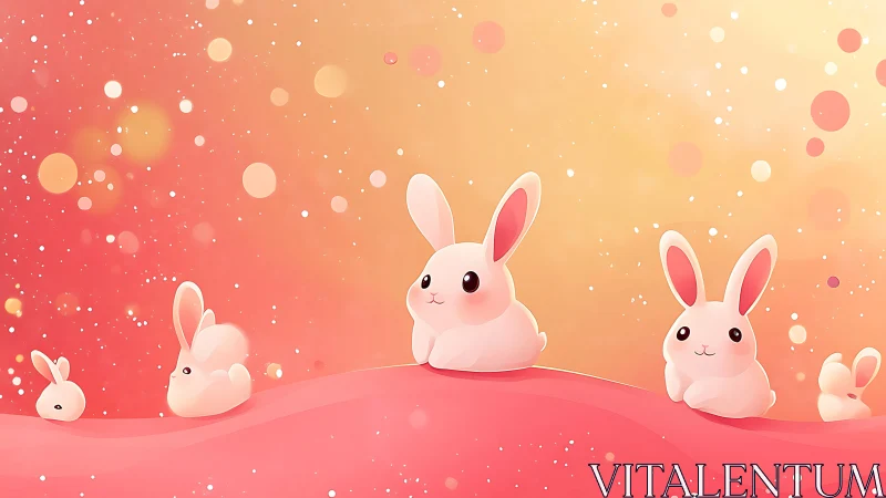 Cartoon rabbits on pink hill with warm gradient background.