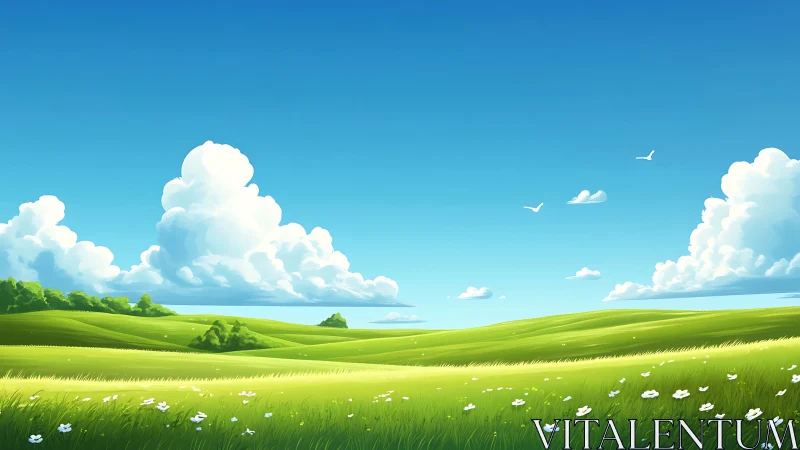 Sunlit rolling meadows under cumulus cloud formations.