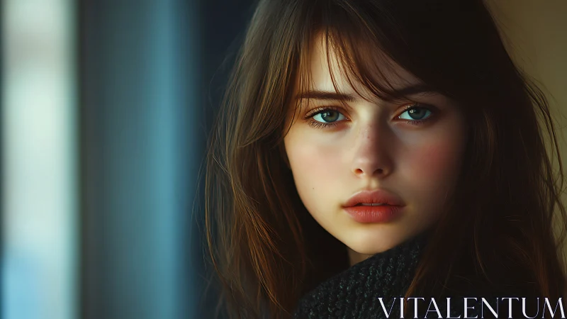 Storm-soft gaze in teal light, a quiet portrait unfolding.