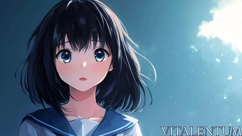 Anime schoolgirl portrait faces bright sky with soft lighting