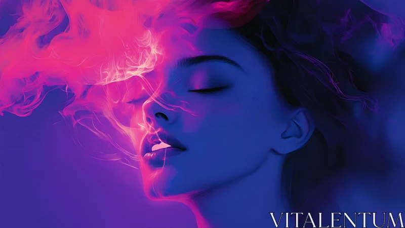 Neon-lit female profile merges with swirling pink vapor