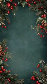 Festive evergreen border framing vintage teal backdrop.