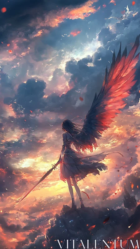 Winged guardian watching a blazing sky of swirling light.