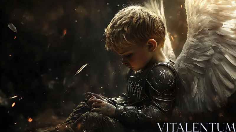 Fallen feather lullaby with a child angel in quiet armor.