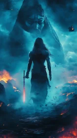 Lone warrior confronting spectral overlord in burning mist.