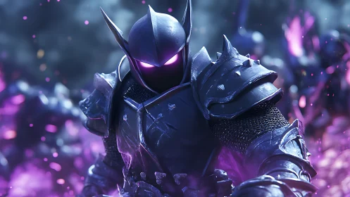 Armored void knight rendered with emissive violet eye glow