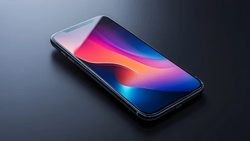 Modern smartphone on sleek dark surface, vibrant display lighting.
