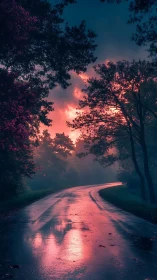 Sunset glow reflects across a rain-soaked forest road.