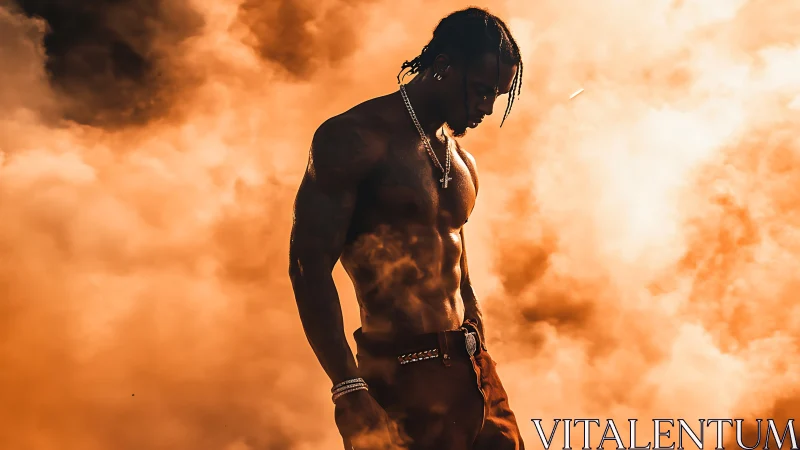 Backlit muscular figure emerging from dense orange smoke plume.