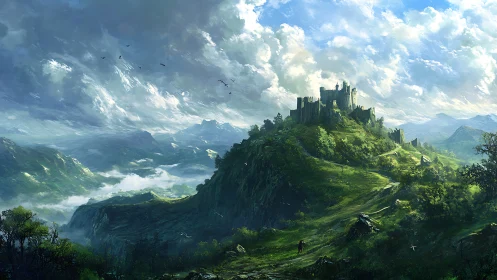 Ancient hilltop citadel beneath vast stormlit skies.
