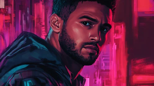 Serious man in neon cyberpunk portrait with pink lights.