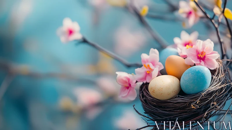 Bird nest holds colored eggs beside pink blossoms on branch