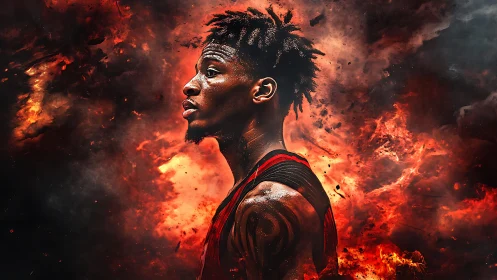 Fiery digital portrait of basketball player in profile view.