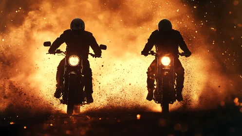 Dual motorcycle silhouettes in incendiary backlit dust field.