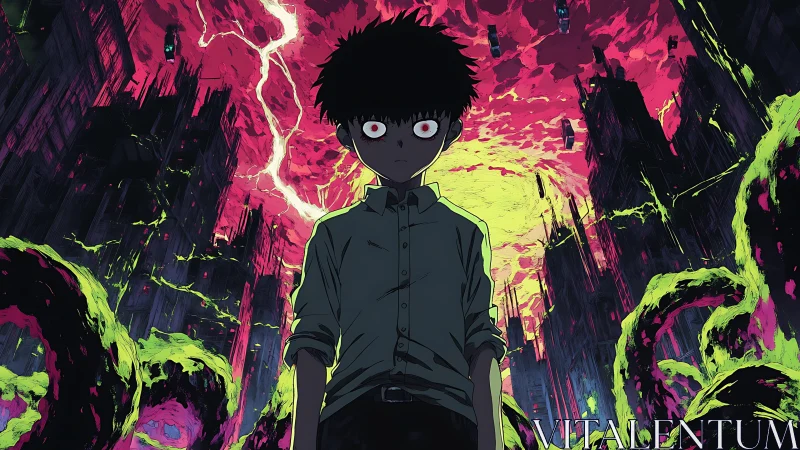 Psycho-energetic adolescent amid neon-chaotic urban collapse.