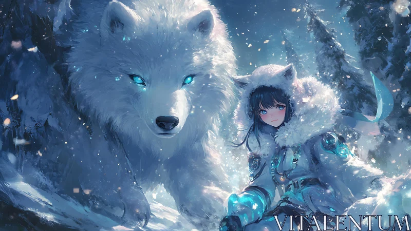 Frostbound girl and spirit wolf stalking the neon winter hush.