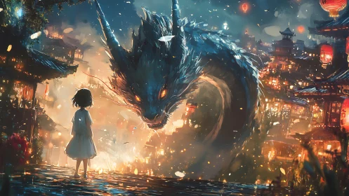 Child and moonlit dragon meeting in a glowing festival city.