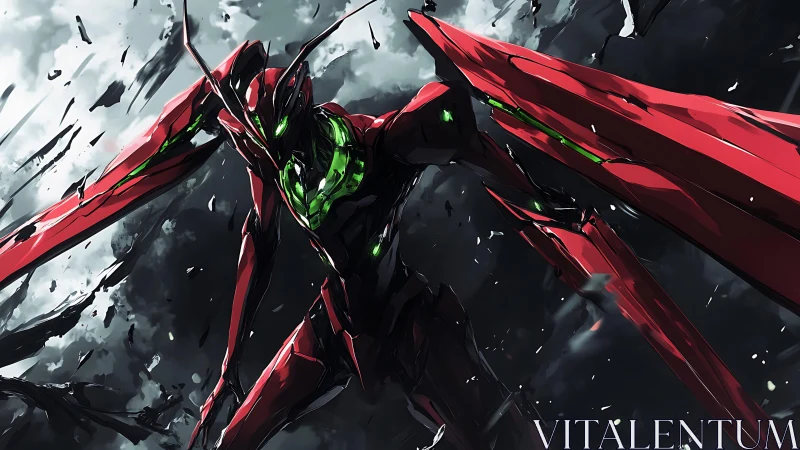 Stormborn crimson mecha dives through a shattered sky.