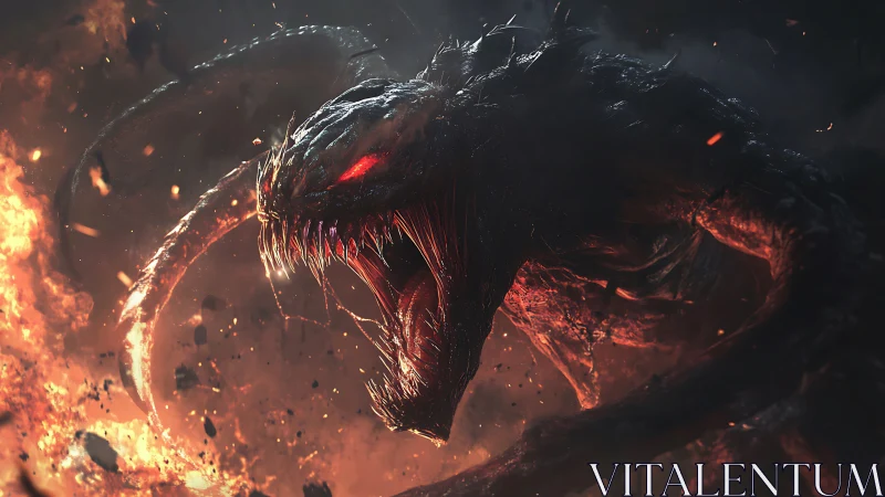 Infernal demon serpent emerging from molten firestorm.